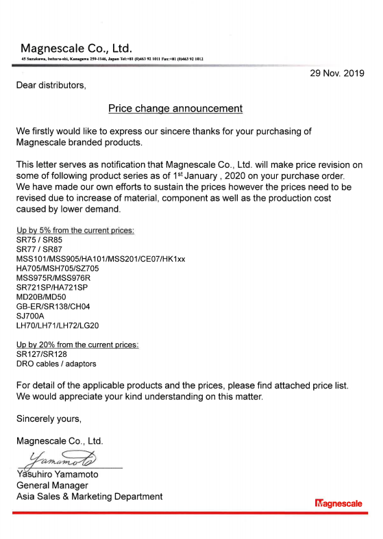 Magnescale关于最新涨价通知